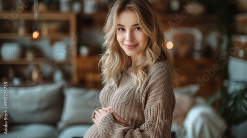 Pregnant Woman in a Warm Sweater Embracing Her Belly in a Sunlit Room During the Holiday Season, Radiating Comfort and Anticipation.