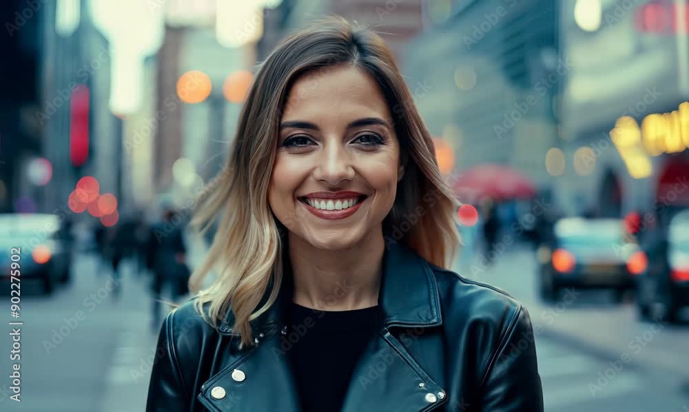 Portrait of a beautiful young woman smiling at the camera in a city street