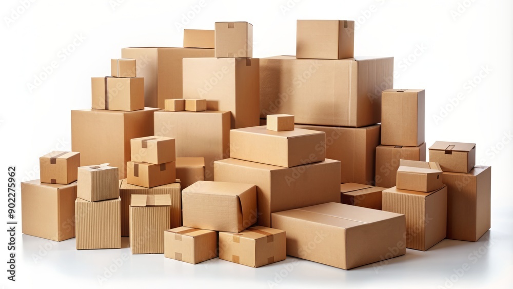 Assorted cardboard boxes of different sizes and shapes, some open or sealed, on a plain white background, ideal for e-commerce product mockup demonstrations. Assorted cardboard boxes of different sizes and shapes, some open or sealed, on a plain white background, ideal for e-commerce product mockup demonstrations.