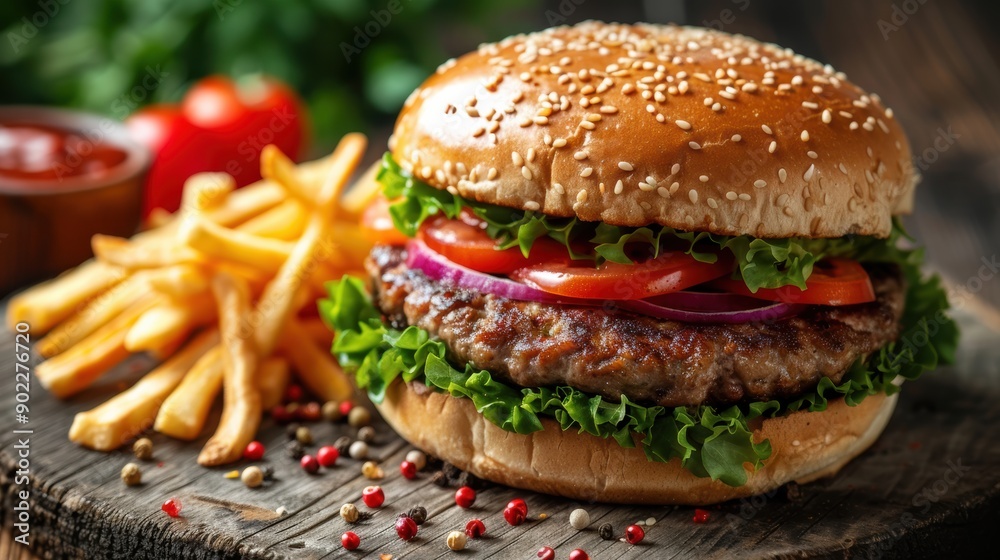 Popular Food Delivery: Juicy Beef Burger with Lettuce, Tomato, and Onion Served with Crispy Fries, Delivered Fresh to Your Doorstep Popular Food Delivery: Juicy Beef Burger with Lettuce, Tomato, and Onion Served with Crispy Fries, Delivered Fresh to Your Doorstep