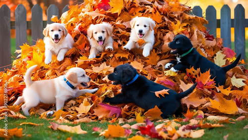 Playful Puppies in Autumn Leaves