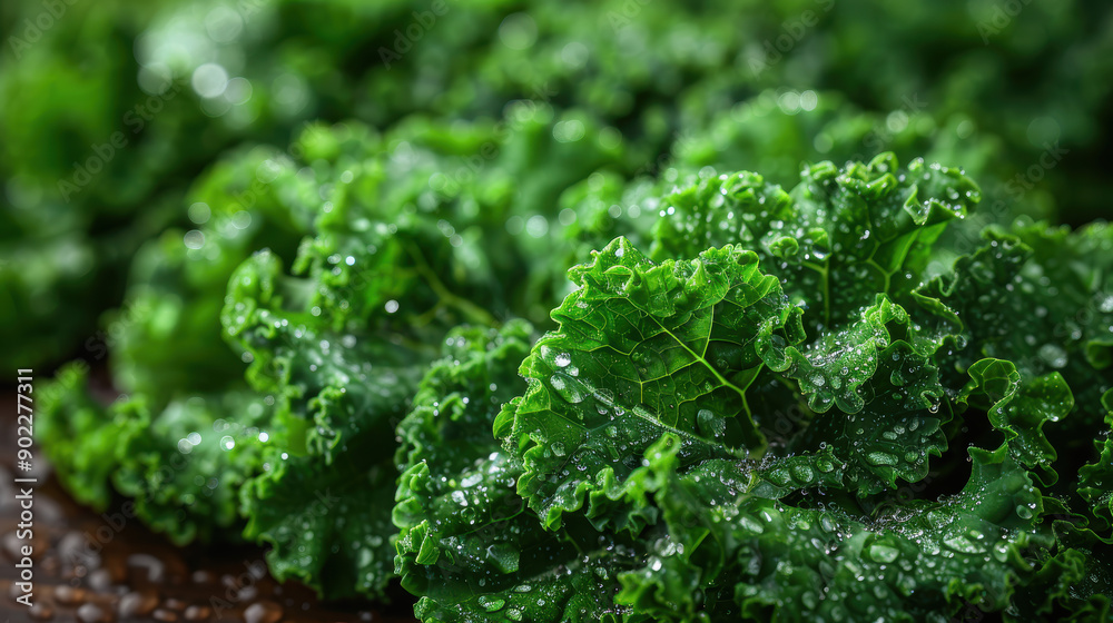 A bunch of green leafy vegetables with water droplets on them. Concept of freshness and vitality A bunch of green leafy vegetables with water droplets on them. Concept of freshness and vitality
