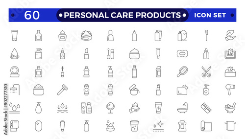 outline icons related to personal care products. Linear icon collection. Moisture cream, acid, anti wrinkle serum, ceramide, collagen, retinol compound, sunscreen. Simple icon set.
