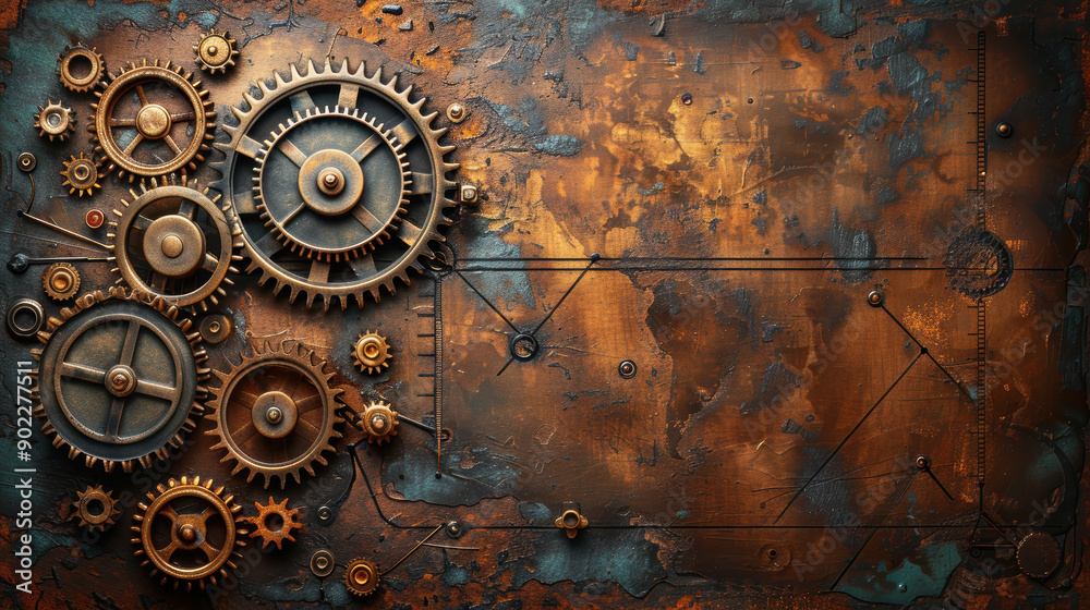 Fototapeta premium A vintage looking piece of artwork with a lot of gears and numbers. The gears are all different sizes and are arranged in a circular pattern. The artwork has a vintage and industrial feel to it
