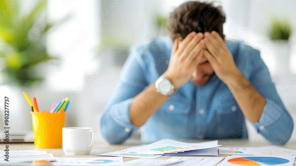 Overwhelmed person with head in hands surrounded by debt bills, emotional stress and impact of financial debt concept Overwhelmed person with head in hands surrounded by debt bills, emotional stress and impact of financial debt concept