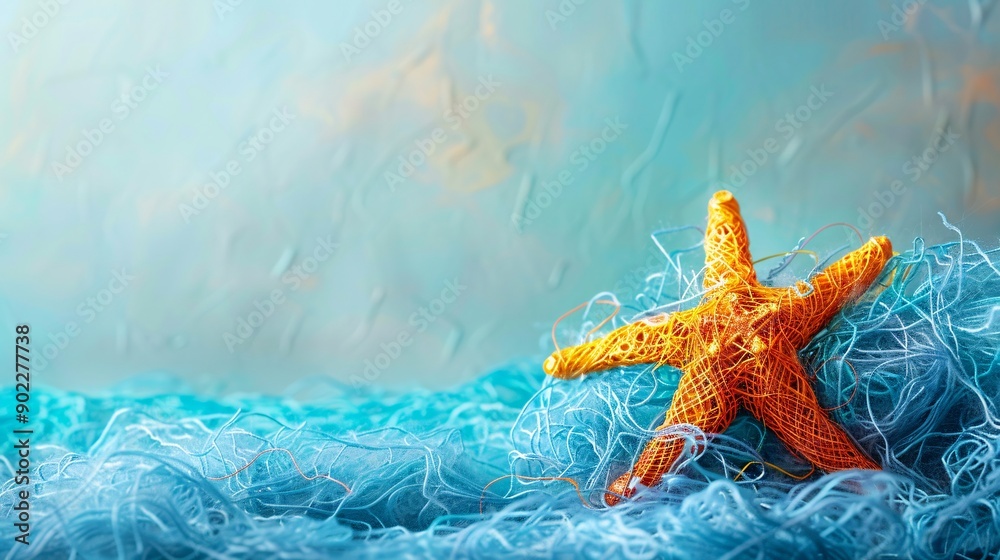 Dreamlike image of a starfish composed of plastic rings and fishing line resting on a polluted ocean floor with significant empty space on the right side of the image Stock Photo with copy space