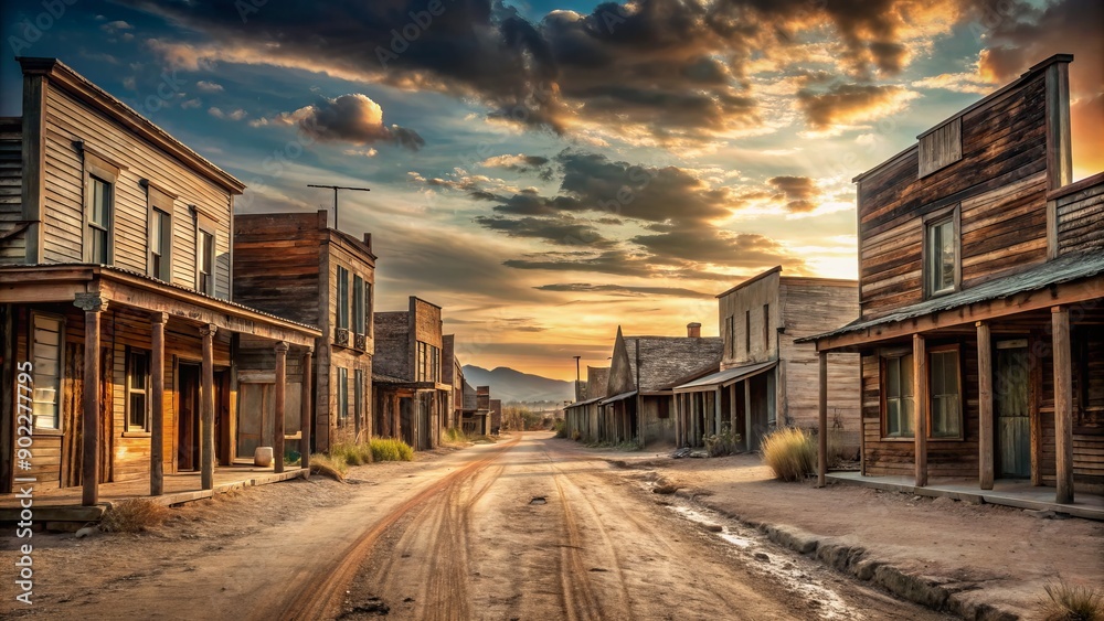 Abandoned main street of a dusty old western town with worn wooden buildings, faded signs, and a eerie silence, evoking a sense of forgotten history.