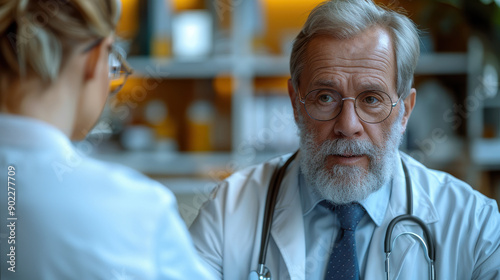 A doctor is talking to a woman in a white lab coat. The doctor is wearing glasses and has a serious look on his face