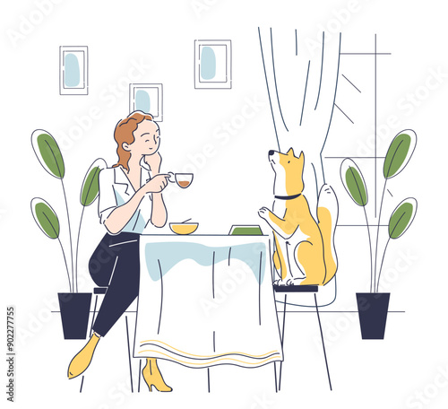 Dinner with dog. Woman with mug of hot drink sitting at table with pet. Owner with puppy at kitchen. Rest and leisure indoors. Linear vector illustration isolated on white background