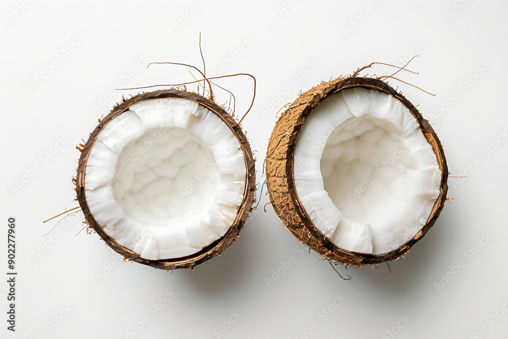 two halves of coconuts on a white surface two halves of coconuts on a white surface