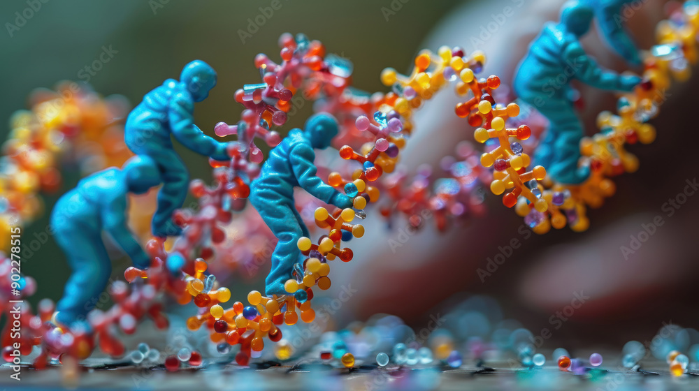 A group of people are working on a DNA strand. The people are wearing blue and orange outfits A group of people are working on a DNA strand. The people are wearing blue and orange outfits