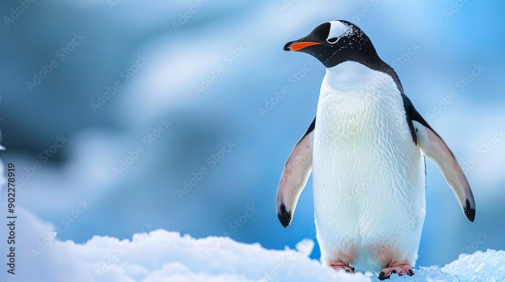 Fototapeta premium Dreamlike image of a penguin with flippers made from rubber gloves and industrial debris standing on an ice floe with significant empty space on the right side of the image Stock Photo with copy space