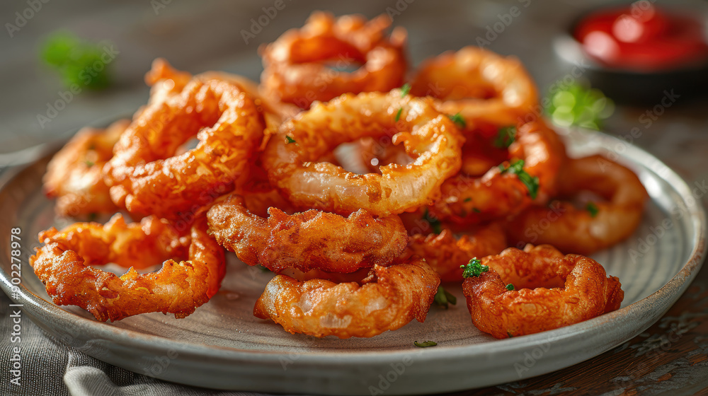 A plate of fried onion rings with parsley on top. The plate is on a wooden table A plate of fried onion rings with parsley on top. The plate is on a wooden table