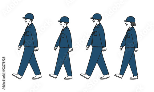 作業服を着て歩く男女