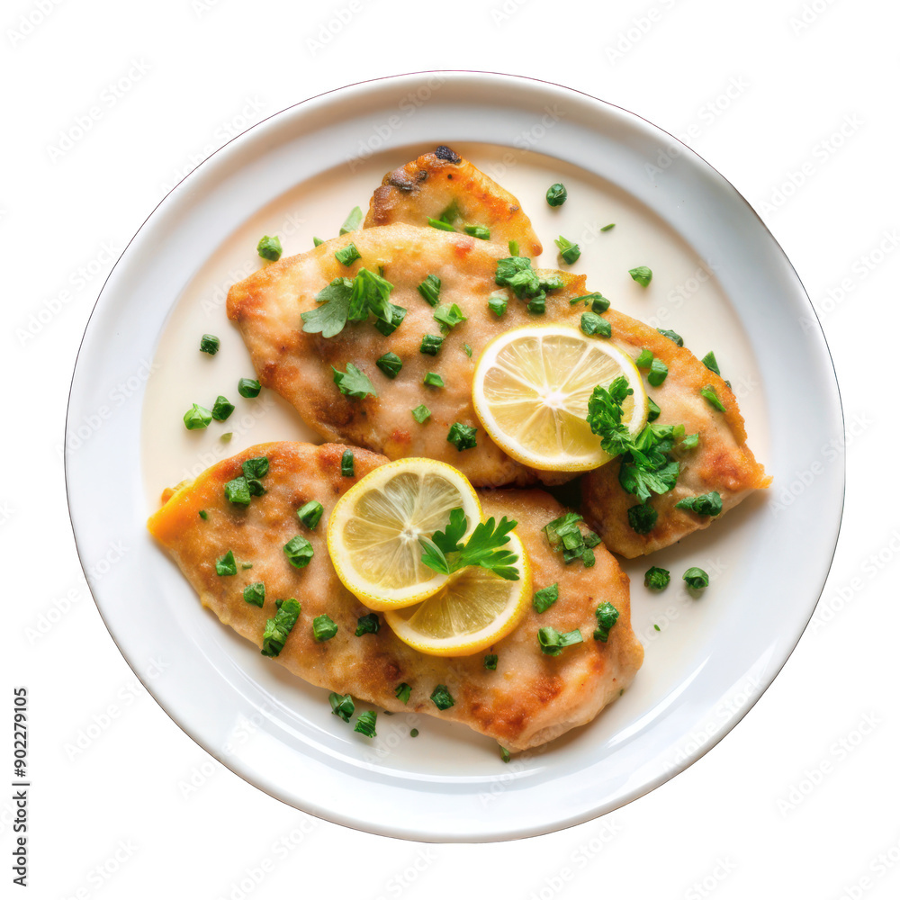 Chicken piccata on white plate top view isolated on transparent background Chicken piccata on white plate top view isolated on transparent background
