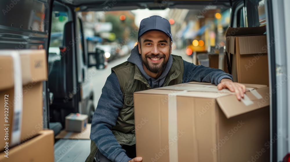 A man is smiling and holding a box in a truck. He is wearing a hat and a vest A man is smiling and holding a box in a truck. He is wearing a hat and a vest