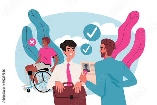 Discrimination against people with disabilities. Employer chooses healthy man. Unemployed young guy at wheelchair. Jobless manager. Flat vector illustration isolated on white background