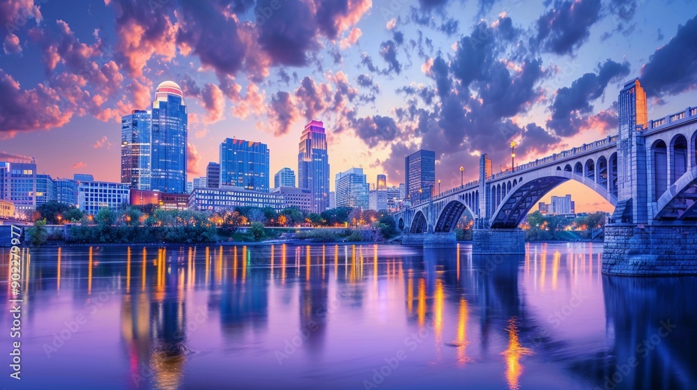 Naklejka premium City Skyline with Bridge and Pink Clouds at Sunset