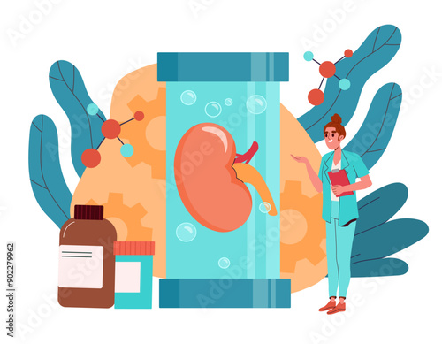 Kidneys donation concept. Woman in medical uniform near test tube with internal organ. Generosity and volunteering, charity. Transplantation of organs. Flat vector illustration