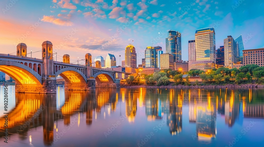 A Scenic Sunset Over the Minneapolis Skyline with a Bridge in Foreground