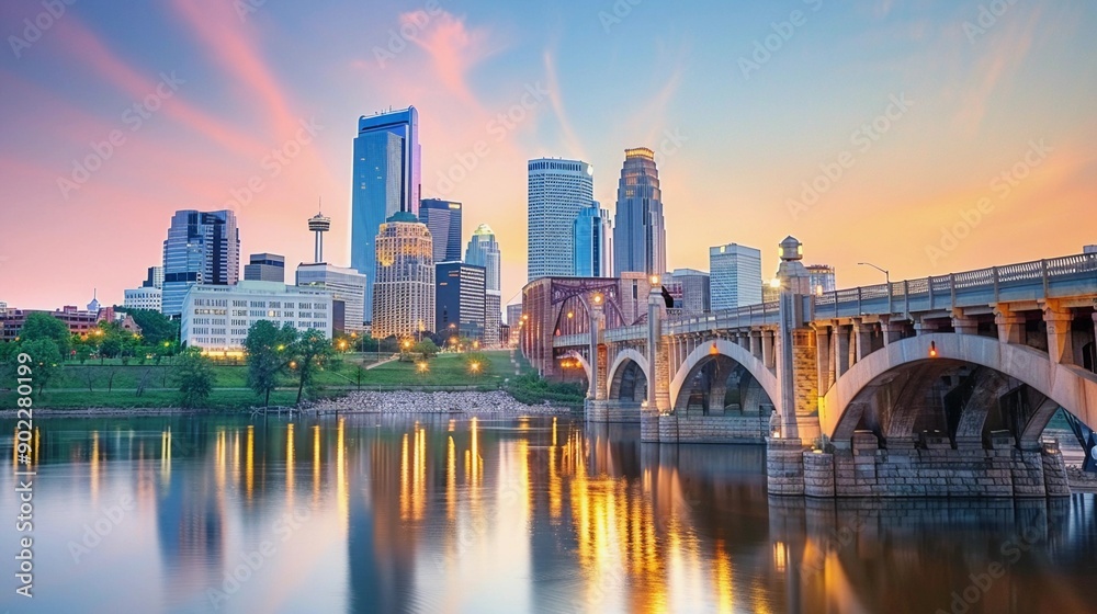 Naklejka premium A Cityscape with a Bridge Over a River at Sunset