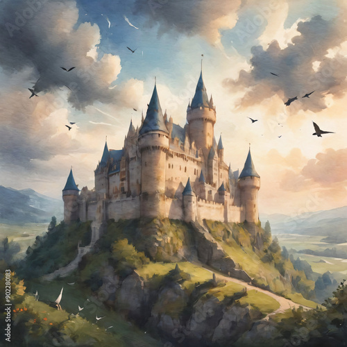 Wallpaper Mural Watercolor painting of Majestic Castle on a Hilltop at Sunset. Torontodigital.ca