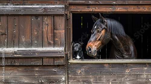 Detailed capture of a horse nuzzling a small dog in a stable leaving ample empty space on the left side of the image Stock Photo with copy space photo