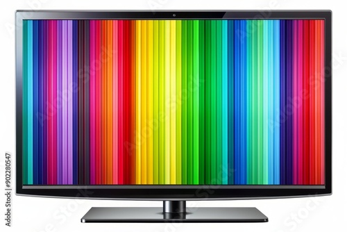 Vibrant multi-colored bars and stripes pattern on a modern high definition television screen displaying a test signal for optimal color and clarity calibration purposes. photo