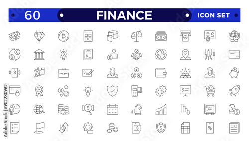 Finance icon set. Containing loan, cash, savings, financial goals, profit, budgets, mutual funds, earning money, and revenue icons. Outline icon collection.