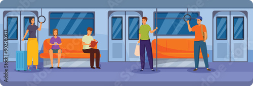 People using public transport standing and sitting in subway train, commuting to work by underground