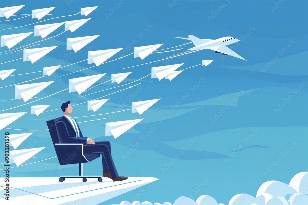 Obraz premium Exploring New Horizons A Man Contemplating Life on Top of the World Surrounded by Paper Airplanes