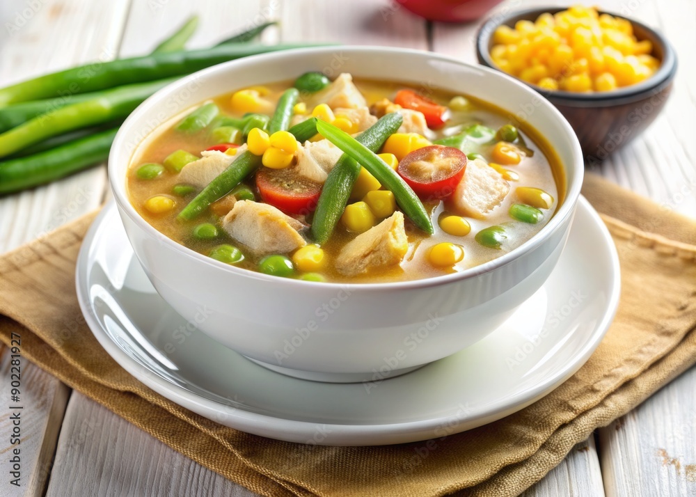 Beat score vegetable soup with chicken filet, sweet corn and green beans. Reassurance food. White table establishment, best see. Creative resource, AI Generated Beat score vegetable soup with chicken filet, sweet corn and green beans. Reassurance food. White table establishment, best see. Creative resource, AI Generated