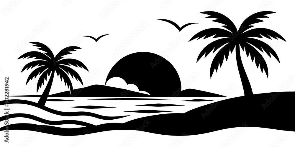 Captivating Tropical Beach Sunset with Silhouetted Palm Trees and Sand Captivating Tropical Beach Sunset with Silhouetted Palm Trees and Sand