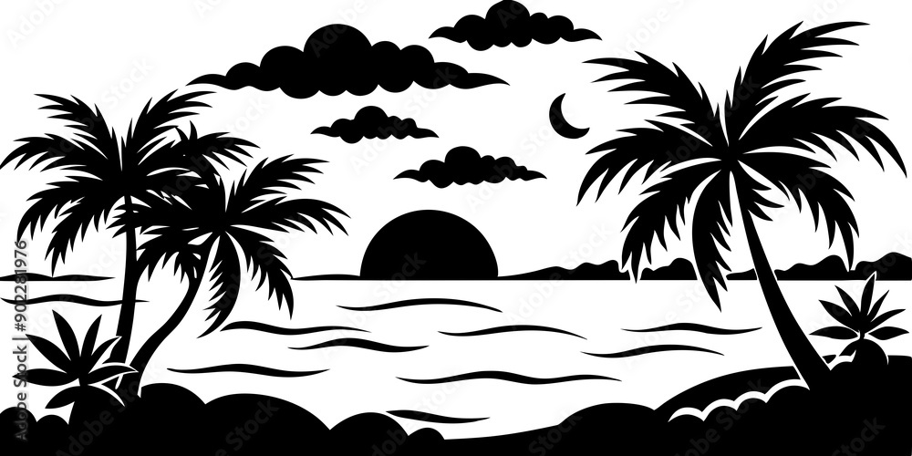 Enchanting Beach Sunset: Silhouettes, Palm Trees, and Sandy Shores Enchanting Beach Sunset: Silhouettes, Palm Trees, and Sandy Shores