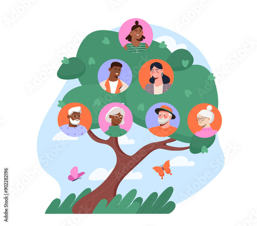 Family tree concept. Different generations of family members. Genealogy and history. Grandparents, parents and kids at scheme. Flat vector illustration isolated on white background