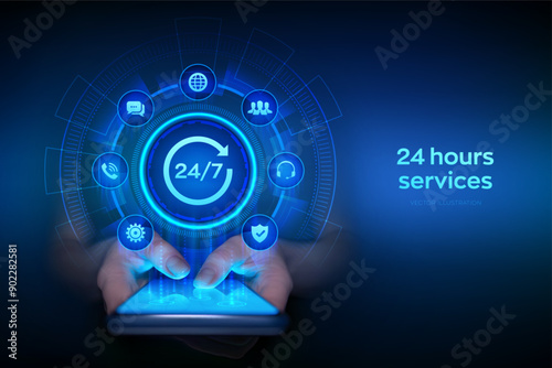 24 hours servises. 24-7 support. Technical support. Customer help. Tech support. Customer service, Business and technology concept. Smartphone in hands. Using smartphone. Vector illustration.