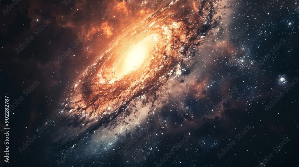Obraz premium A view from space to spiral galaxy and stars. Universal illustration background