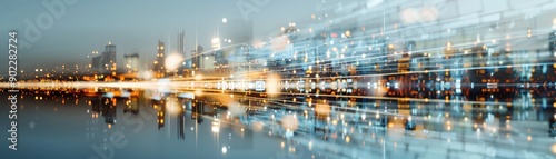 Cityscape at Dusk with Motion Blur Lights Reflecting on Water Surface photo