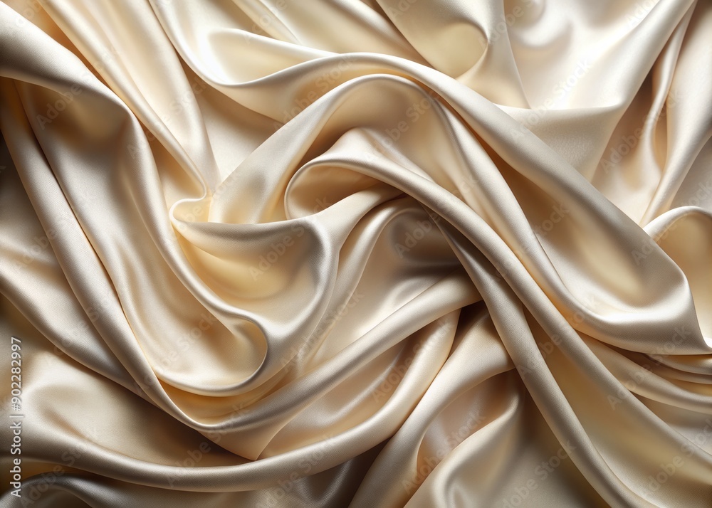Fototapeta premium Softly draped beige cream satin silk fabric forms a luxurious, elegant background perfect for showcasing high-end fashion, beauty, cosmetic, skincare, and treatment products.