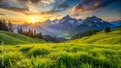 Majestic Mountain Sunset with Grassy Meadow.