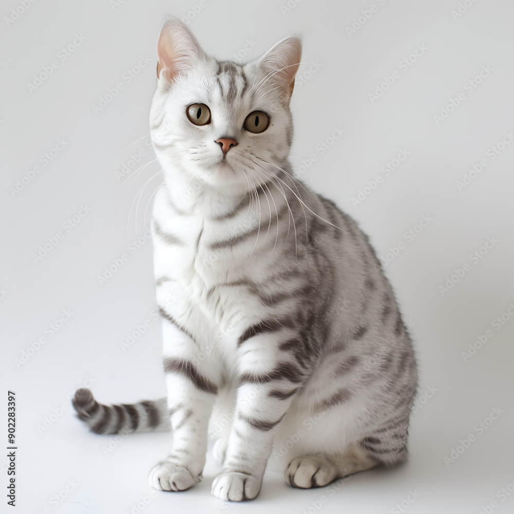 An American Shorthair cat with alternating gray and white fur. Sit facing forward in style on grey background. An American Shorthair cat with alternating gray and white fur. Sit facing forward in style on grey background.