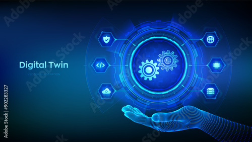 Digital twin business and industrial process modelling technology concept on virtual screen. Innovation and optimisation. Digital twin icon in wireframe hand. Vector illustration.