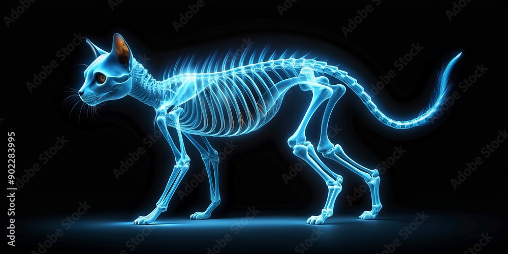 Fototapeta premium Mysterious ginger cat's skeleton glows blue on a dark background, its ribs and spine eerily illuminated, as if radiating an otherworldly aura, generated by AI.