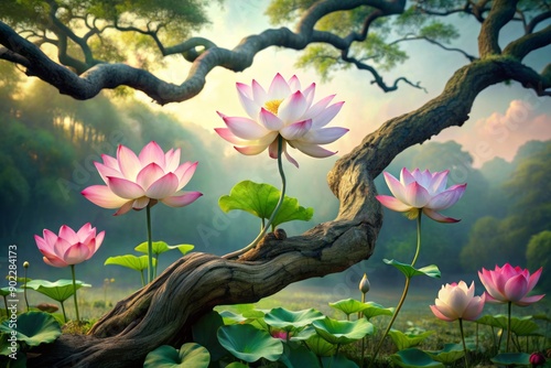 A serene landscape of unfolding petals, lotus flowers, and sprawling tree branches, symbolizing personal growth, adaptation, and transformation through life's journey. photo