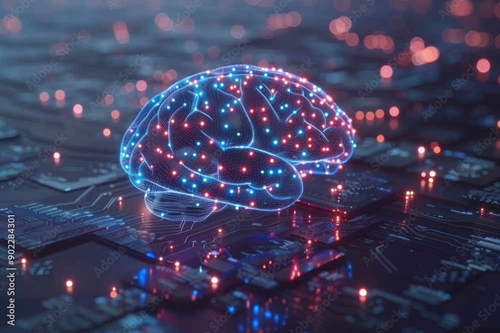 Glowing Neural Brain Model on High Tech Circuit Board with Illuminated Connections Glowing Neural Brain Model on High Tech Circuit Board with Illuminated Connections