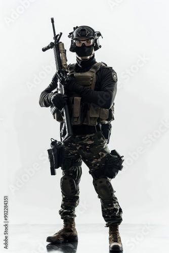 special forces soldier police, swat police witih mask and rifle standing in confidence pose