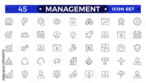 Outline icons related to management, administration, supervision, leadership, business, governance. Linear icon collection. Management icon collection.