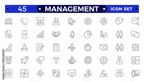 Outline icons related to management, administration, supervision, leadership, business, governance. Linear icon collection. Management icon collection.