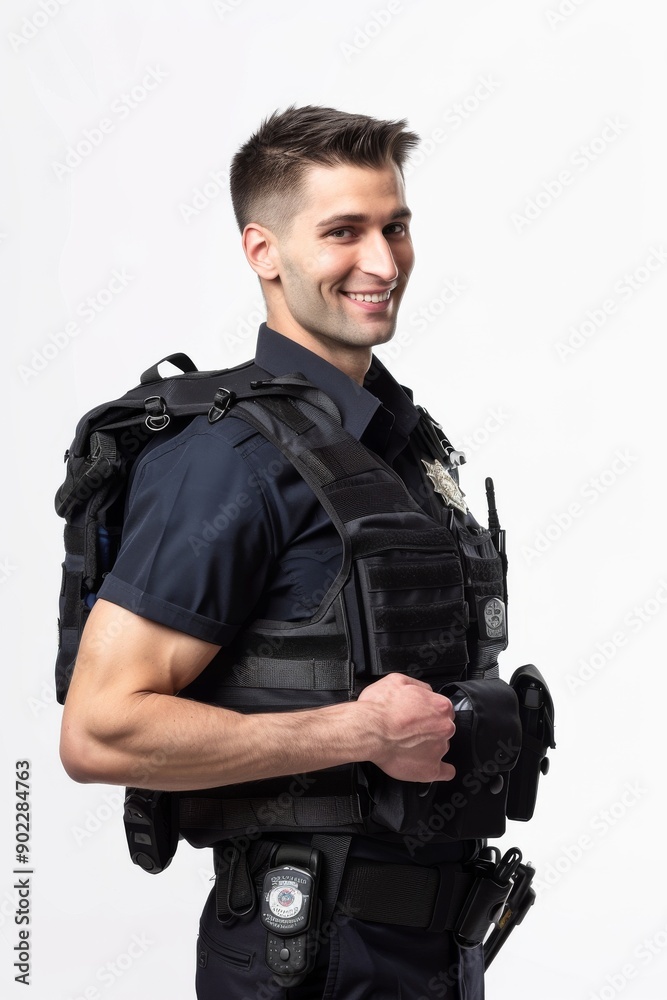 Young policeman wearing security bulletproof vest uniform over white background Young policeman wearing security bulletproof vest uniform over white background