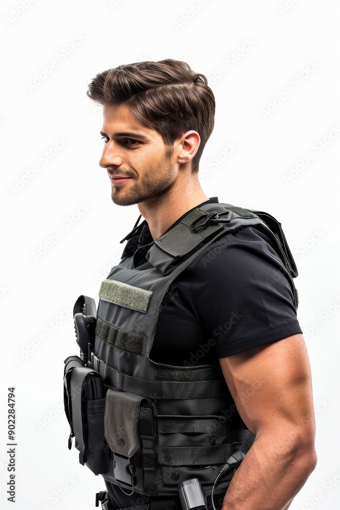 Young policeman wearing security bulletproof vest uniform over white background Young policeman wearing security bulletproof vest uniform over white background